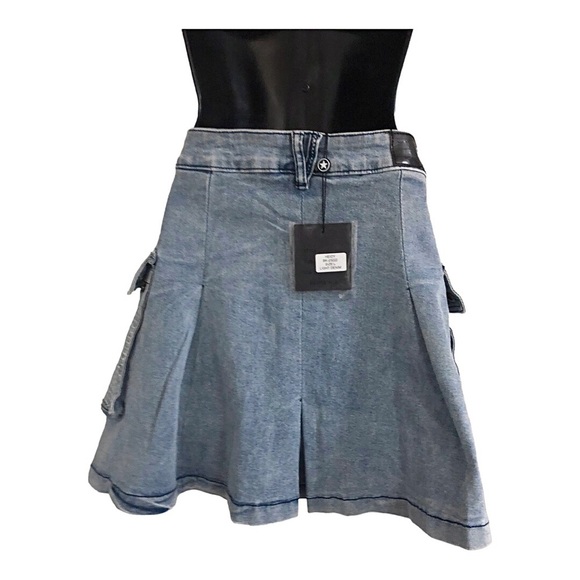 A-line crystal embellished rhinestone utility cargo style mini denim jeans skirt - Picture 12 of 15